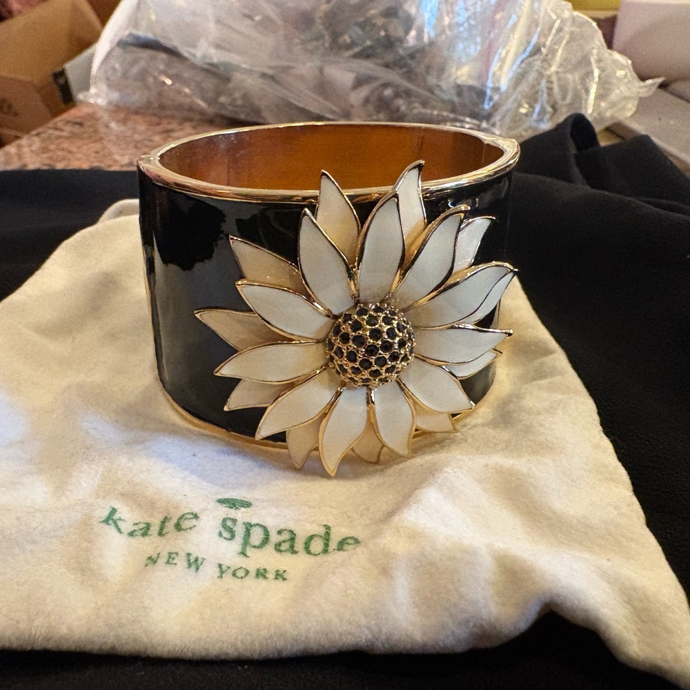 Kate Spade Black and Gold Cuff  Bracelet with Large Flower